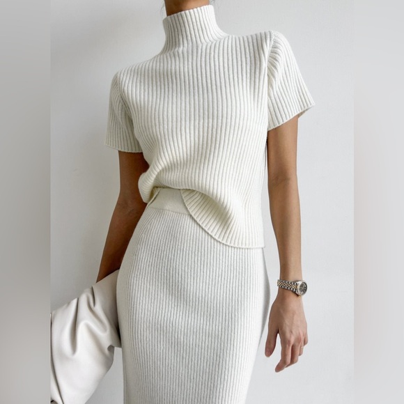 Commense Solid High Neck Split Ribbed Knit Two Pieces Skirt Set - Picture 8 of 16